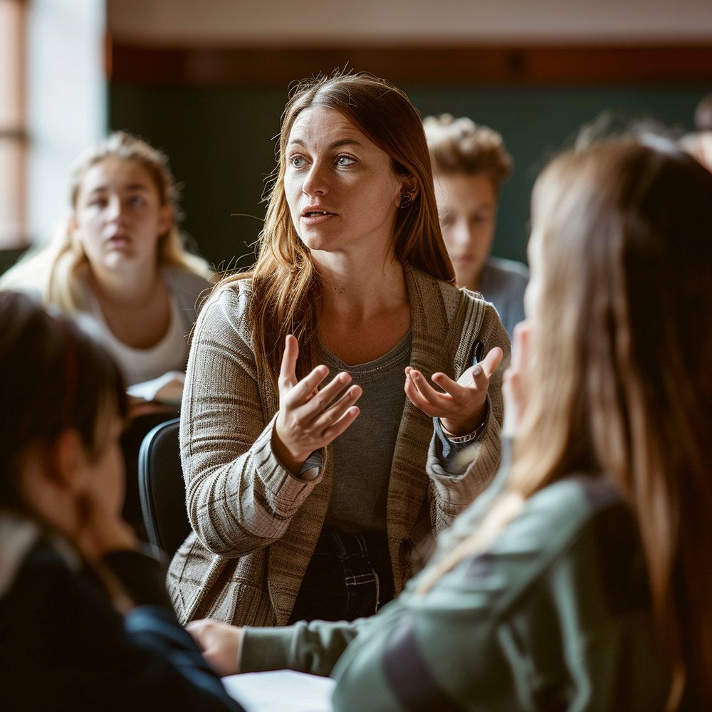 University teacher in classroom with students